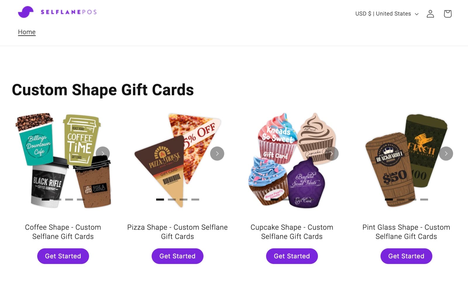 Selflane gift card storefront at Plastic Printers with coffee cup, pizza slice, cupcake and pint glass shaped card designs