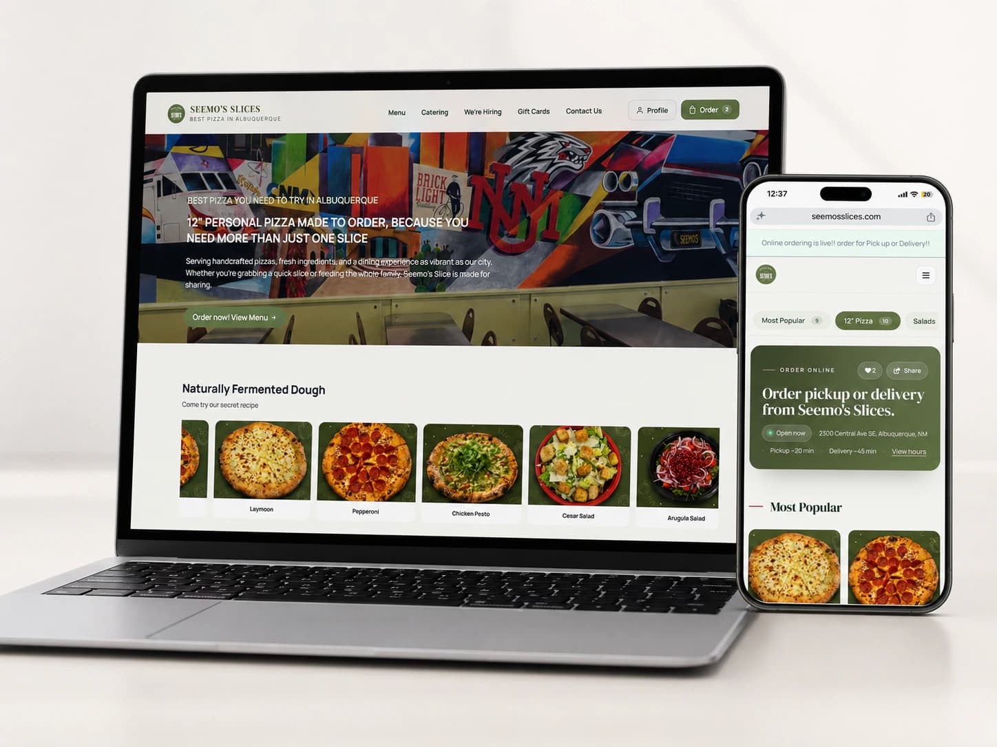 A restaurant website built with Selflane's website suite, shown on a laptop and a phone